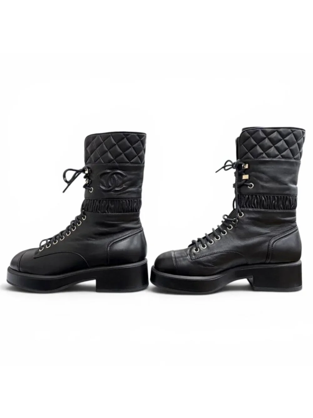 Chanel CC Logo Quilted Lace Up Leather Short Boots Black